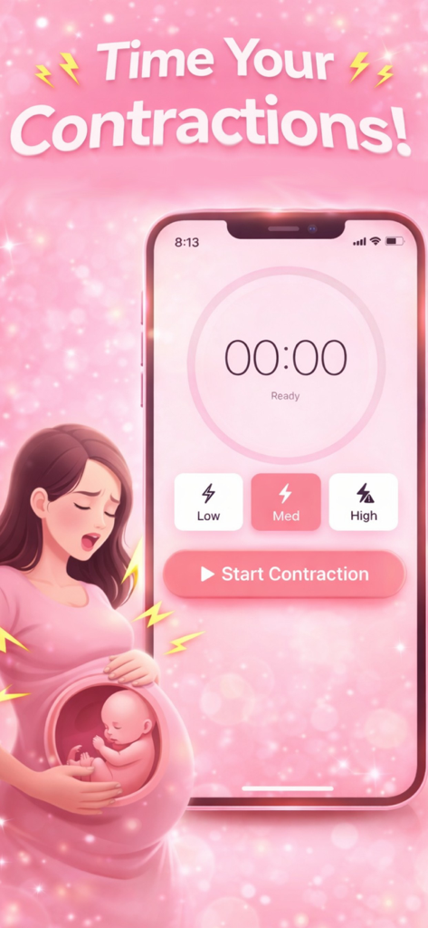 Baby Kick Counter - Tracker - A mobile app interface for timing pregnancy contractions featuring low medium and high intensity levels and a start button.