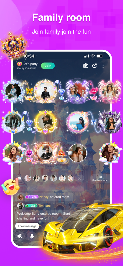 Screenshot of the Hifami app family room showing user avatars with decorative frames and a social chat interface