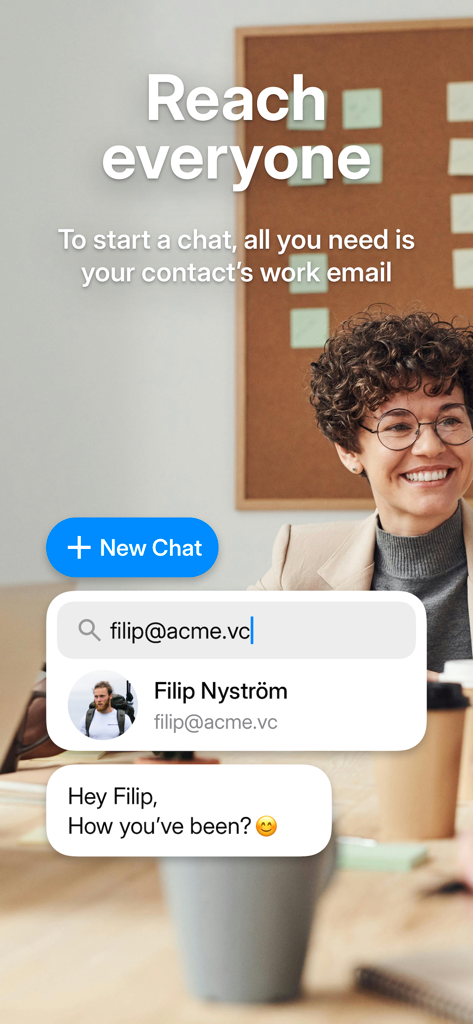 Interfaccia che mostra come avviare una nuova chat utilizzando l'email di lavoro di un contatto su BirdyChat for Work