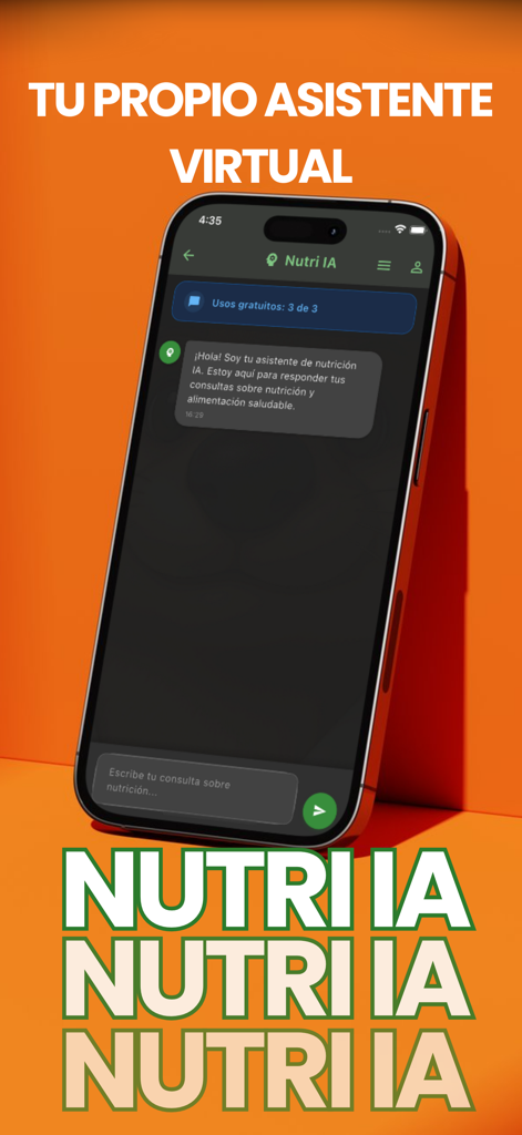 NutriasApp - Pantalla móvil de NutriasApp con un asistente virtual de IA para consultas de nutrición en español