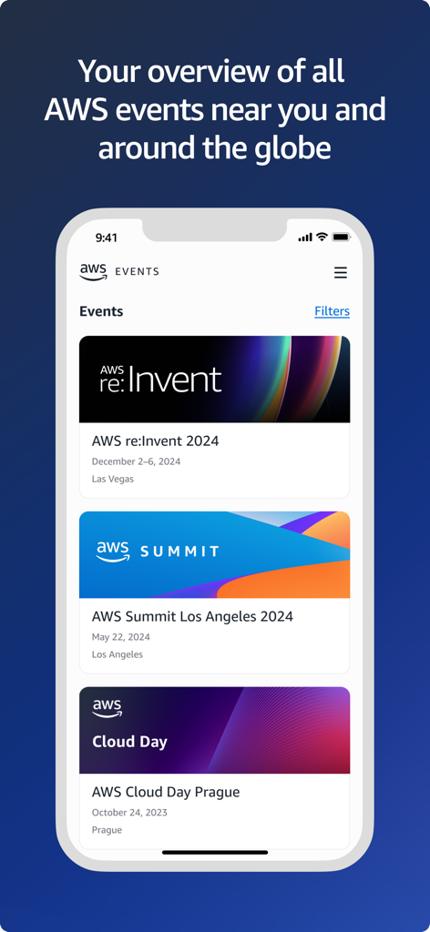 AWS Events - The AWS Events app interface showing a list of global cloud computing conferences including AWS reInvent and AWS Summits