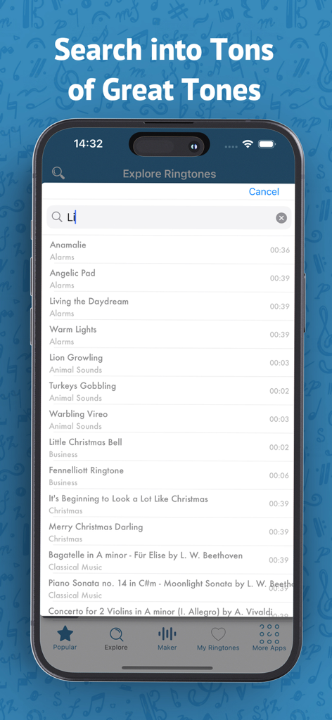 Best Ringtones 2026 for iPhone - A interface de busca do aplicativo Melhores Toques 2026 para iPhone mostrando uma lista de sons categorizados como alarmes e ruídos de animais