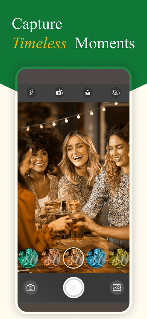 Screenshot of VHS Cam app interface with a vintage sepia filter applied to a photo of friends laughing.