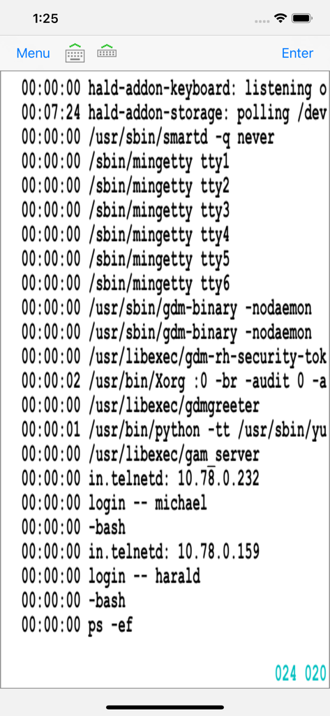 Écran d'émulateur de terminal dans l'application Glink VT affichant les journaux de l'hôte UNIX et les connexions utilisateur