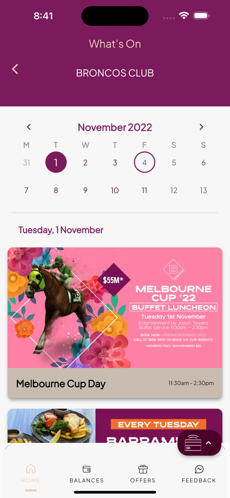 Broncos Leagues Club - Broncos Leagues Club app Whats On screen featuring an events calendar and Melbourne Cup luncheon details