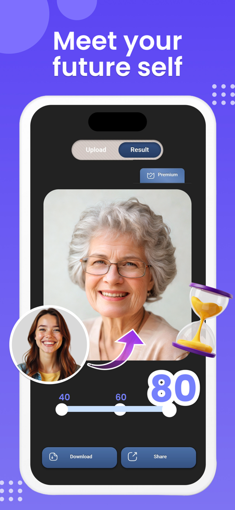 AI Face Aging - Future You - AI Face Aging app interface displaying a photorealistic transformation of a young woman to age 80