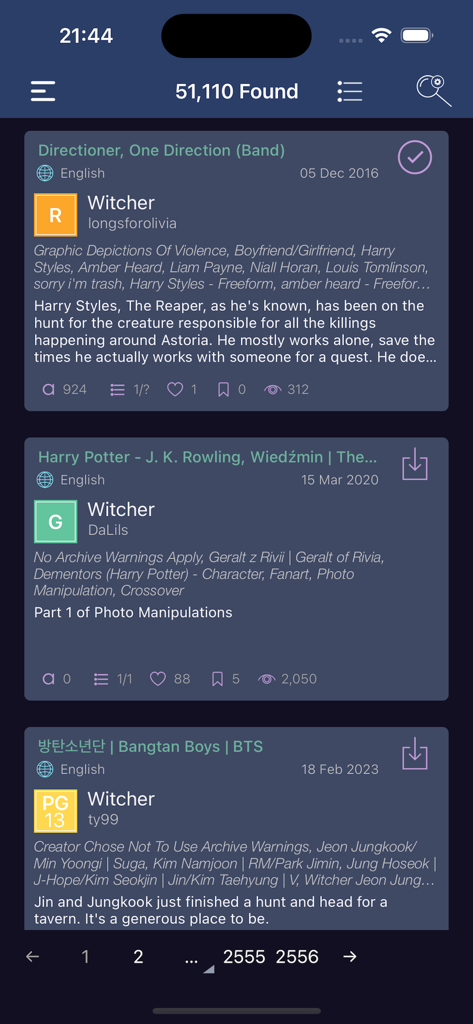 FFS: Unofficial AO3 Reader app - FFS Unofficial AO3 Reader app interface showing a list of fanfiction stories from various fandoms in dark mode