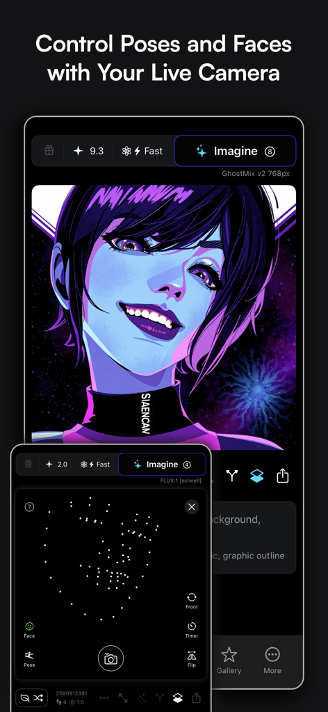 Sogni - AI Art Generator - Sogni AI Art Generator interface demonstrating live camera face and pose tracking to control character expressions in generated artwork