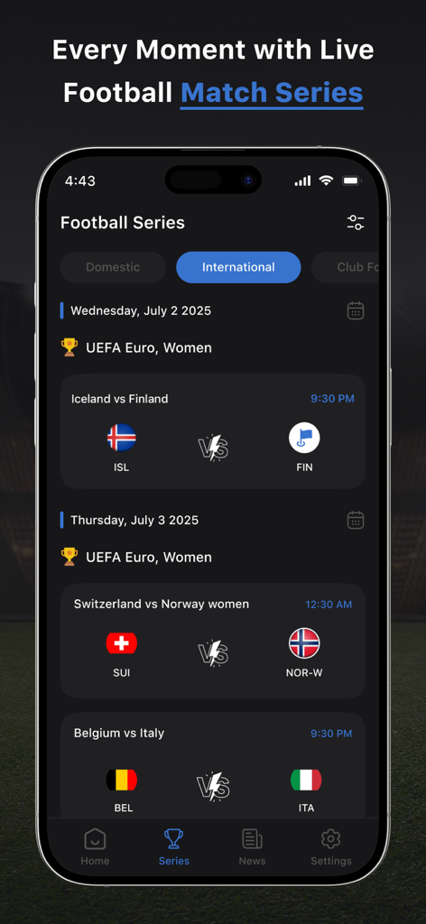 Soccer Score App - Soccer Score App interface showing international football match series and schedule.