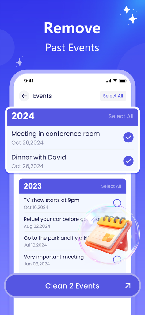 Interface of Pure Cleaner showing the feature to remove past calendar events.