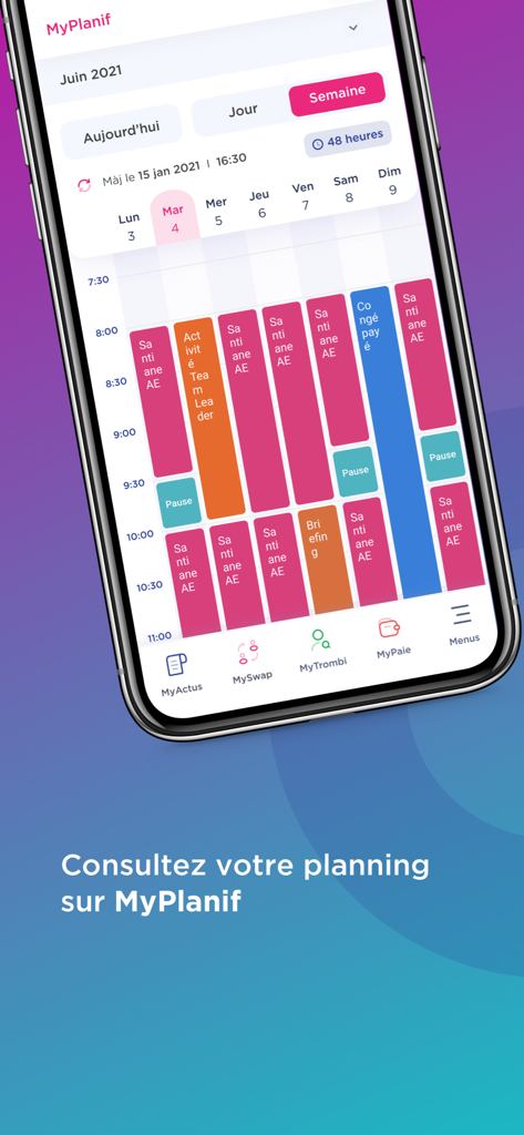 Aplicativo móvel My Intelcia mostrando a interface de planejamento e agenda de trabalho MyPlanif