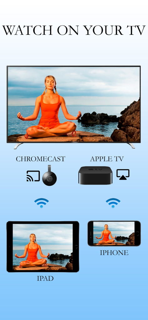 Background Videos 4K - Aplicación Background Videos 4K mostrando una escena de meditación transmitiéndose desde iPhone y iPad a un televisor a través de Chromecast y Apple TV