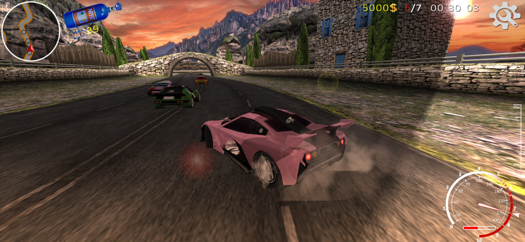 XTrem Racing - A pink supercar drifting on a mountain road at sunset in the XTrem Racing mobile game.