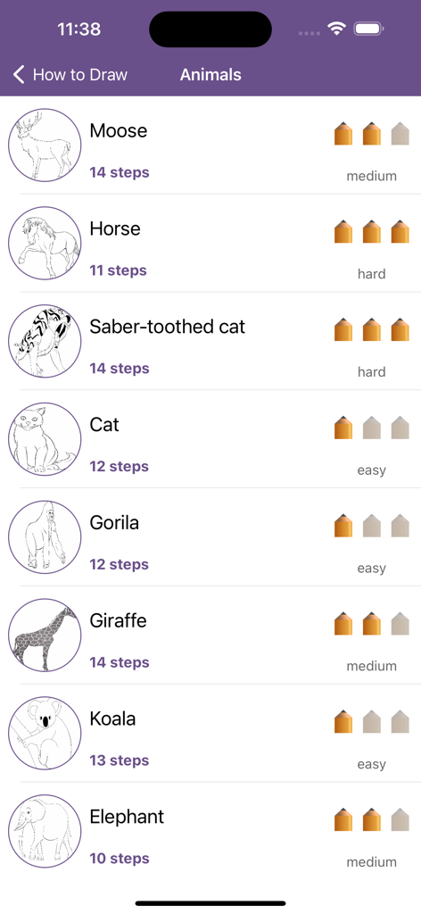How To Draw Step By Step Easy - Lista de tutoriales de dibujo de animales en la aplicación mostrando niveles de dificultad y número de pasos para cada animal.