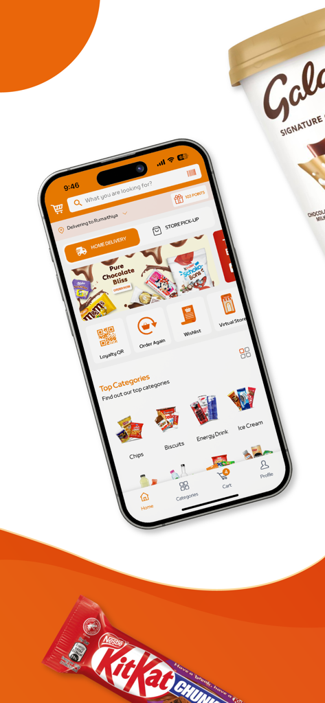 Trolley – ترولي - The home screen of the Trolley app featuring snack categories and delivery service options