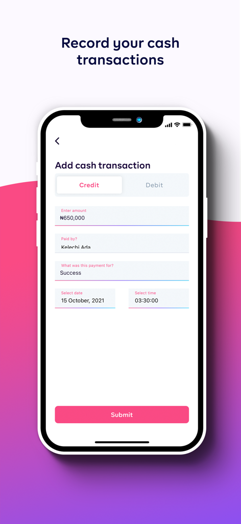 Prospa - Business Account - Tela do aplicativo Prospa para registrar transações em dinheiro de negócios em Naira