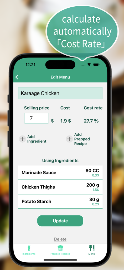 Fooster：Cost Recipe Calculator - Fooster app screen showing recipe cost and profit margin calculation