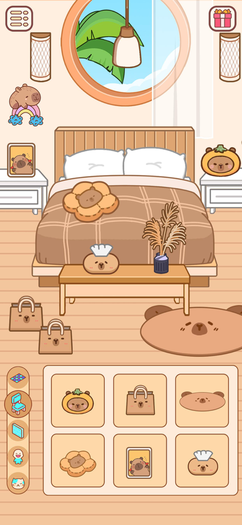 Love Home: Cute Life Sim Games - Cozy bedroom customization screen with capybara themed furniture and pastel decor in Love Home life sim game