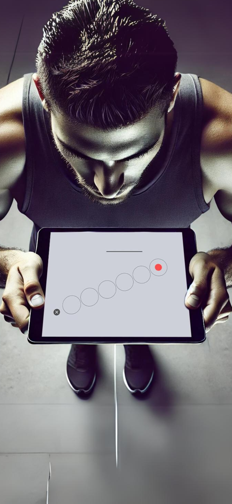 Athlete in gym gear using a tablet for visual agility and eye tracking training with Brainpro Vision