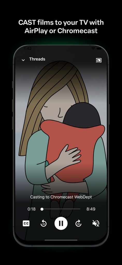 A mobile screenshot of the NFB Films app displaying an animated film with the option to cast to a TV using AirPlay or Chromecast.