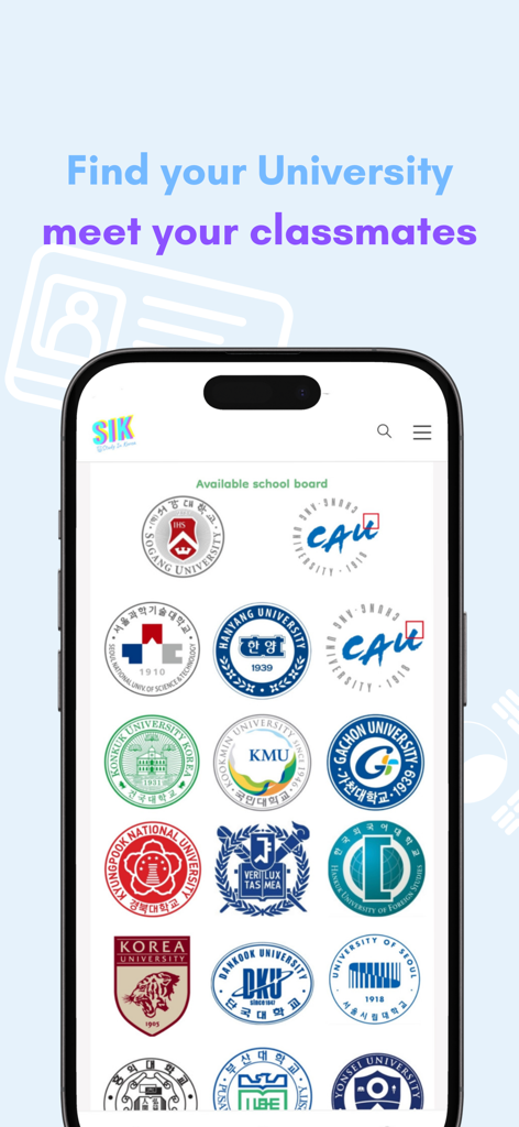 Study In Korea - 学生がクラスメートを見つけるのに役立つ韓国の大学のロゴのグリッドを表示するStudy In Koreaアプリのモバイル画面。