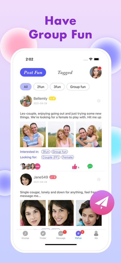 3Woo app interface displaying user posts in the PoFun community social feed for couples and singles.