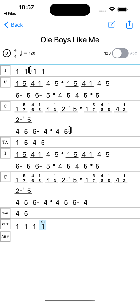Nashville Numbers - Una partitura digital utilizando el Sistema de Números de Nashville para la canción Ole Boys Like Me
