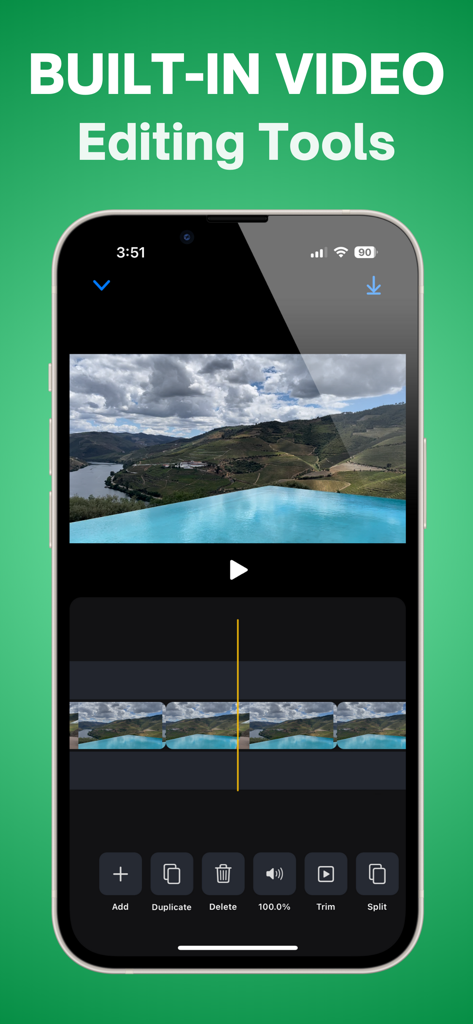 Compress Videos: Free Up Space - Tela do iPhone mostrando a interface de edição de vídeo integrada do aplicativo TinyVid com ferramentas para cortar, dividir e excluir clipes de vídeo