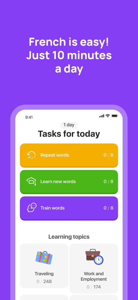 10 Minute French app interface showing daily vocabulary tasks and learning topics like Traveling and Work