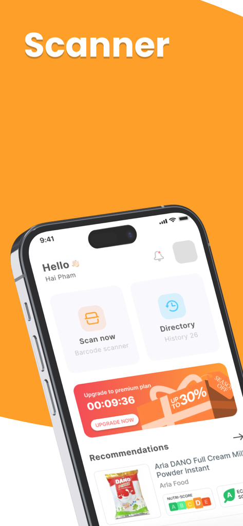 Healthy Food Scanner - ヘルシーフードスキャナーモバイルアプリのダッシュボード。バーコードスキャナーボタンと、Nutri-Scoreラベル付きの製品推奨が表示されています。