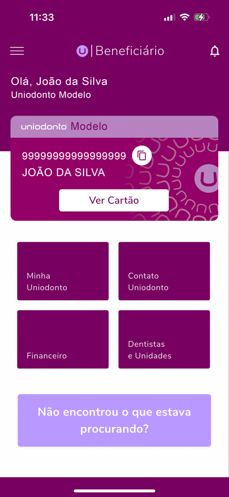 Uniodonto Beneficiário - Uniodonto Beneficiário app dashboard with a digital dental card and navigation menu for financial services and dentist search
