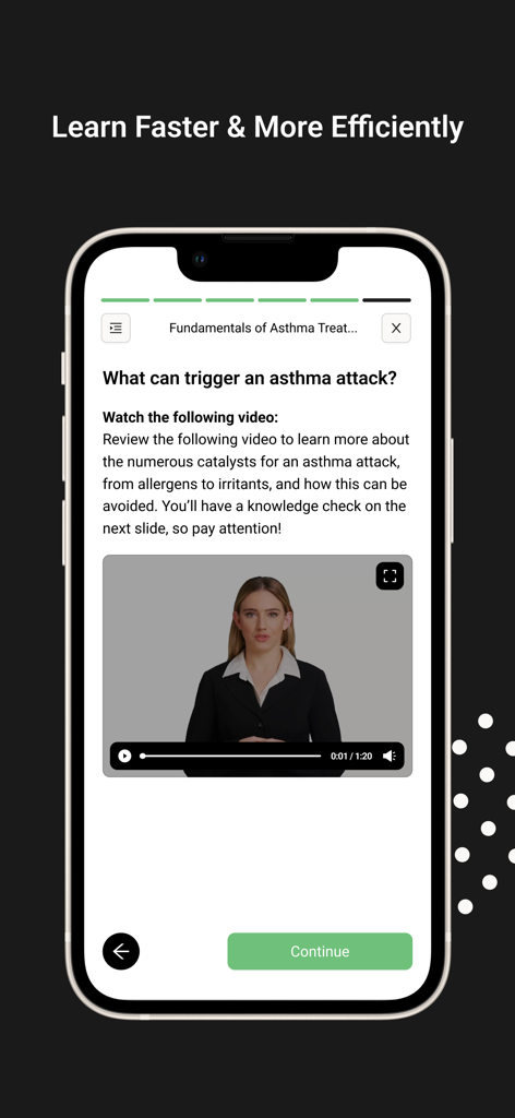 Ethos Systems - Aplicación móvil Ethos Systems que muestra una lección en video sobre los desencadenantes del tratamiento del asma.