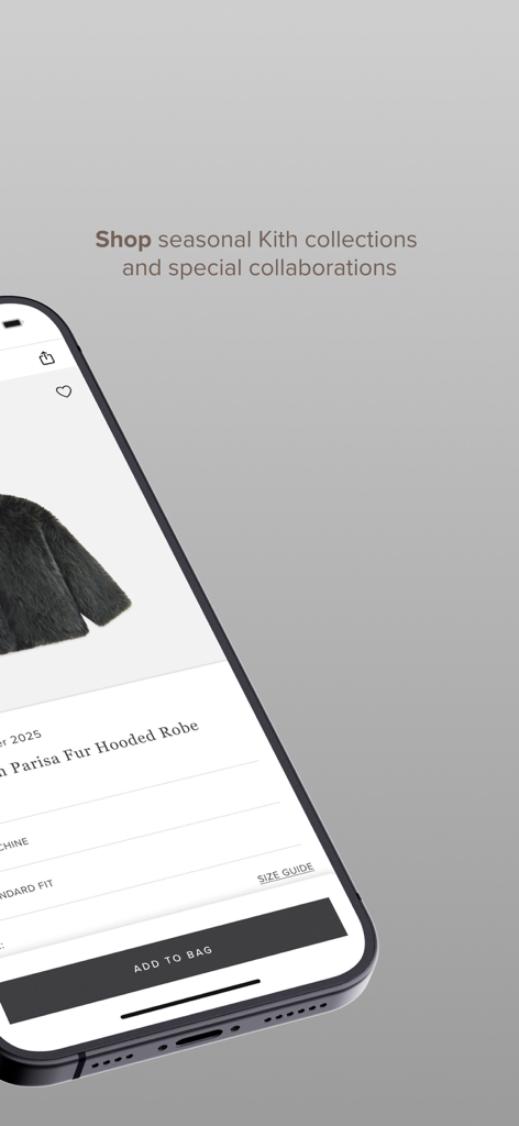 Mobile screen showing the Kith app shopping interface for seasonal fashion collections and collaborations