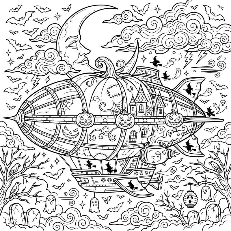 Embark on a high-flying Halloween adventure with this intricate coloring page featuring a spooky airship. Decorated with pumpkins, ghosts, and witches, it's the perfect way to get into the festive spirit.