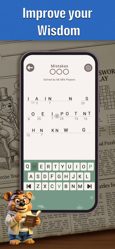 CodeWords: Cryptogram Puzzles - 「知恵を向上させる」という見出しと本を持ったクマのキャラクターが表示されたスマートフォンの画面上のクリプトグラムパズル