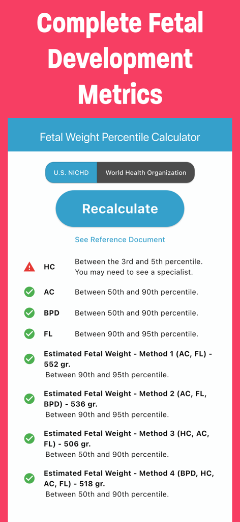 Oberfläche, die fötale Entwicklungskennzahlen zeigt, einschließlich Kopfumfang und geschätzter Gewichtperzentile nach US NICHD-Standards.