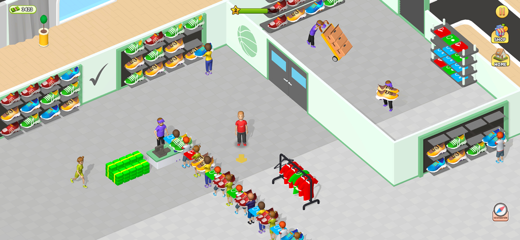 Supermarket Shopping Mall Game - レジで列を作っている客がいるスーパーマーケットシミュレーションゲームの賑やかな靴屋のアイソメトリックビュー