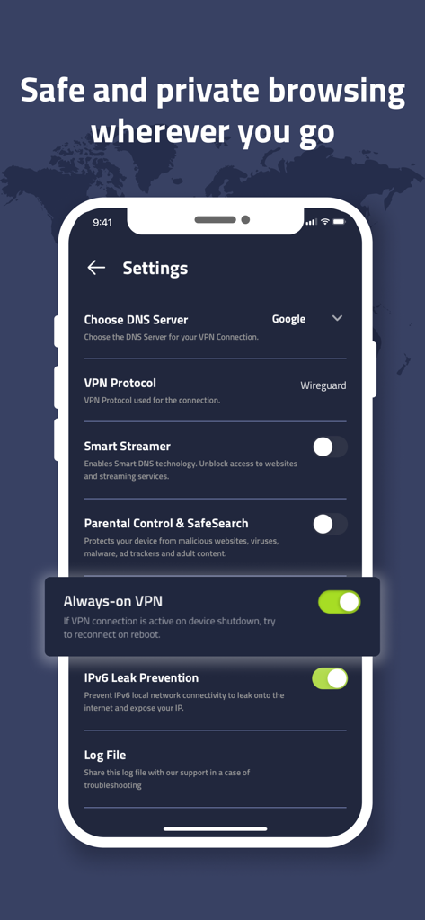 Residential VPN - Residential VPN app settings screen showing DNS protocol and leak prevention features