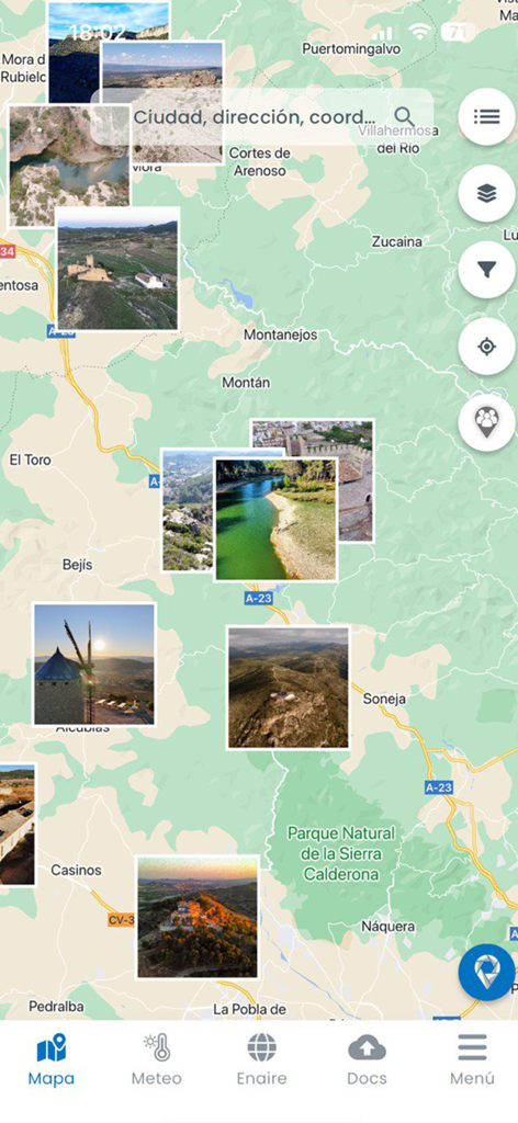 VUELA DRONES - Interface de l'application mobile VUELA DRONES montrant une carte collaborative de spots de vol de drones légaux avec des photos téléchargées par les utilisateurs.