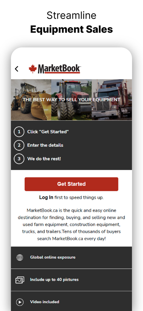 MarketBook - Interfaz de la aplicación MarketBook que muestra cómo vender equipos pesados en tres pasos