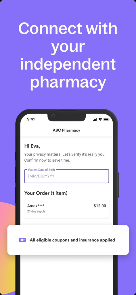 NimbleRx app screen showing a prescription order verification with coupons and insurance applied.