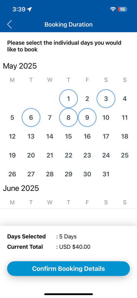 Secure-a-Spot app screen showing a calendar to select multiple parking days with the total booking cost