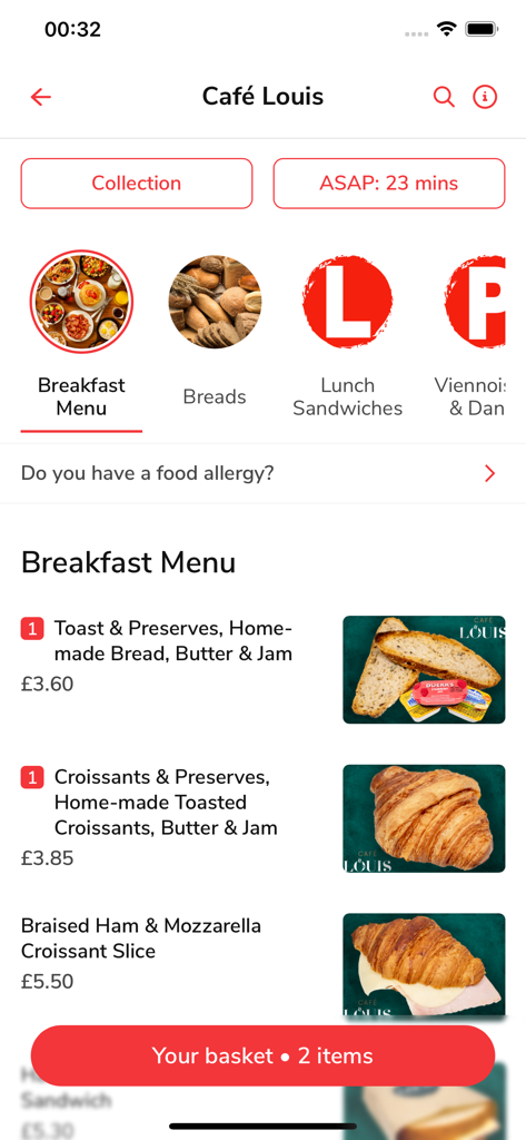 Hungry Monkey Gibraltar - A screenshot of the Hungry Monkey Gibraltar app showing the breakfast menu for Cafe Louis with food photos and prices.