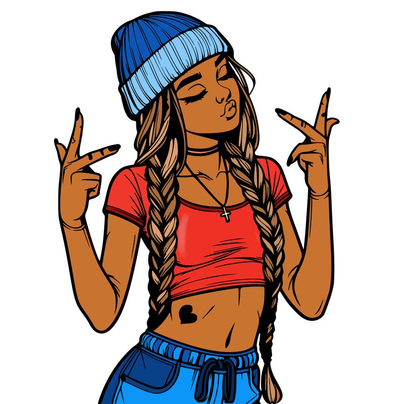 realistic teenage girl with braids and a beanie and crop top doing 🫶🏼