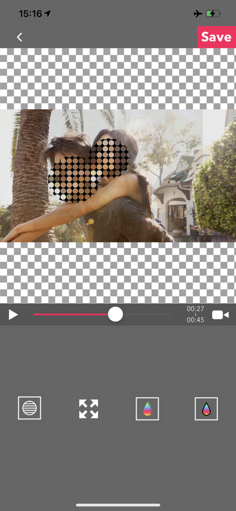 MovStash - Blur Video Editor - A video editing interface showing the MovStash app applying a mosaic blur effect to faces for privacy protection.