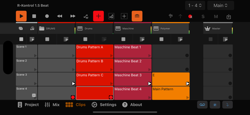 R-KONTROL - Interface do aplicativo R-KONTROL mostrando uma grade de lançador de clipes de produção musical com padrões de bateria e batidas