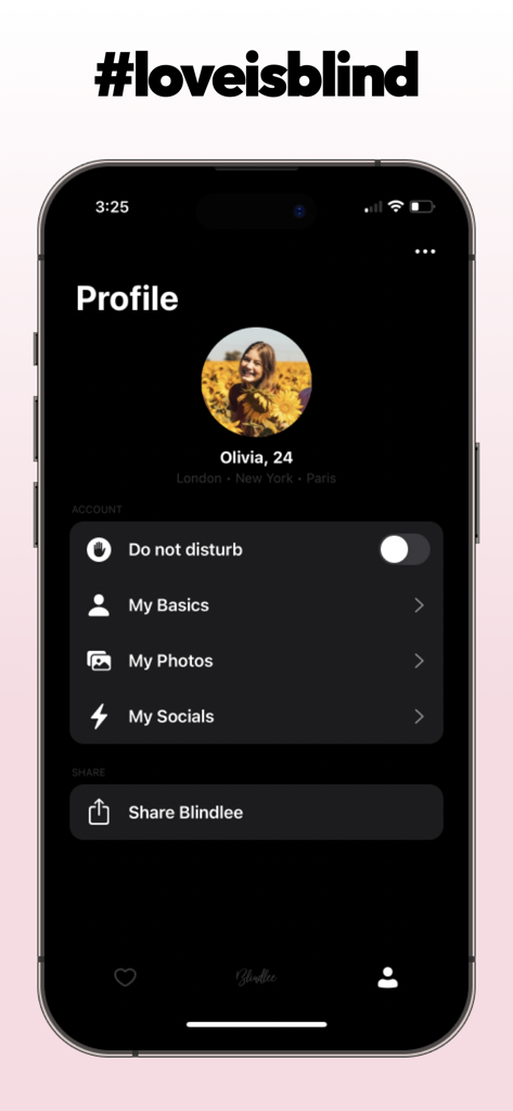 A smartphone screen displaying a user profile on the Blindlee dating app with account settings and personal details.