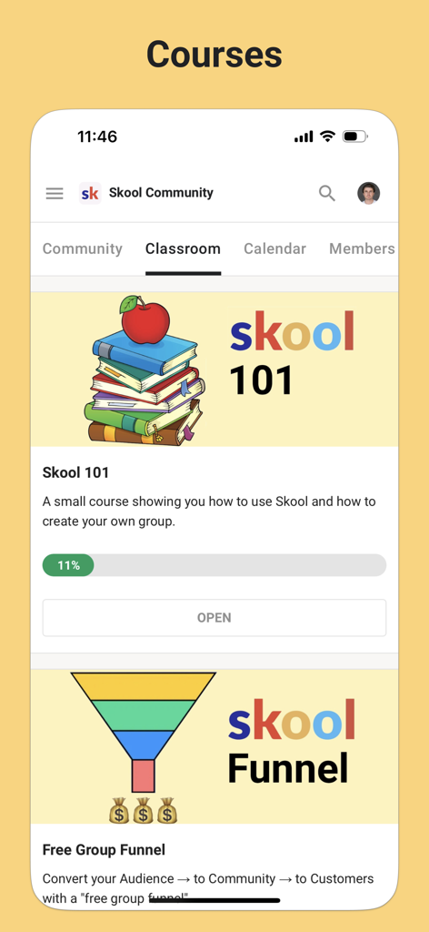 Skool Communities - Écran mobile de l'application Communautés Skool montrant la section classe avec les cours en ligne pour les créateurs.