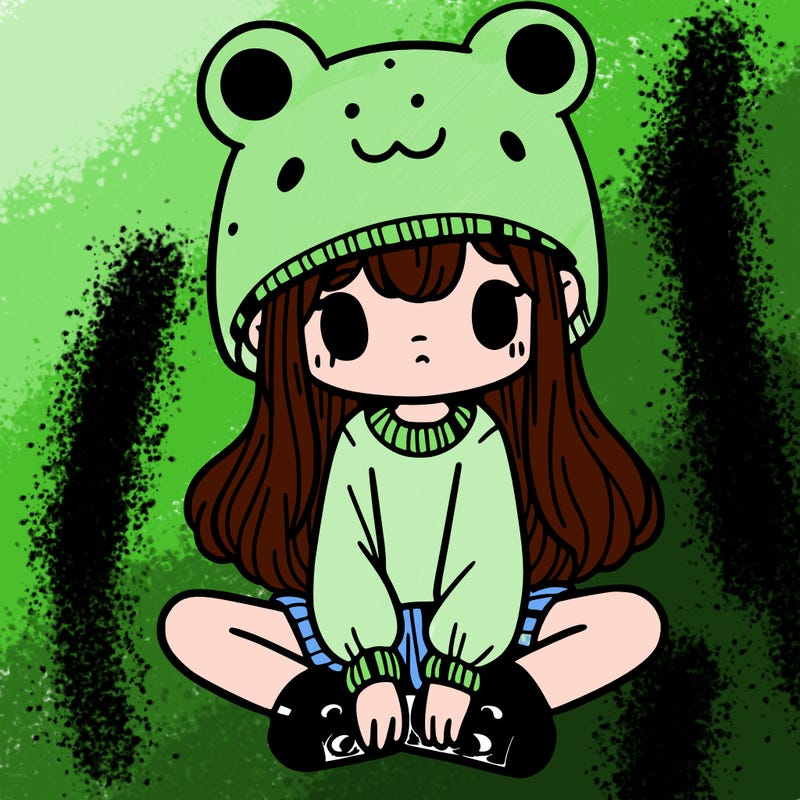 a girl wearing a frog hat and some frog socks