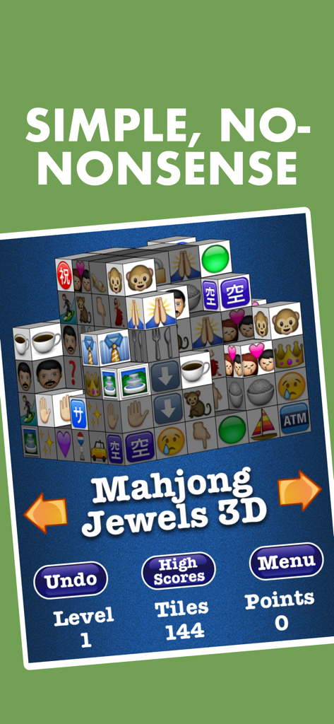 Pantalla de juego de Mahjong Jewels 3D con fichas de emojis en una pila 3D con una interfaz de usuario simple